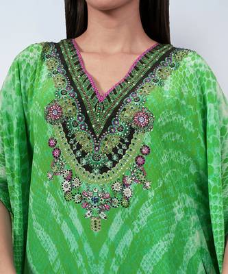 Green python print embellished silk full length kaftan 5