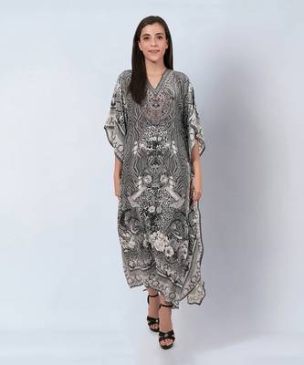 Grey embellished silk full length kaftan 1