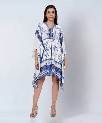White and blue embellished floral print kaftan tunic 1