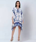 White and blue embellished floral print kaftan tunic