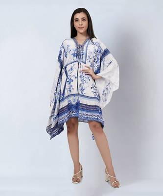 White and blue embellished floral print kaftan tunic 2