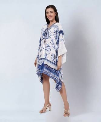 White and blue embellished floral print kaftan tunic 3