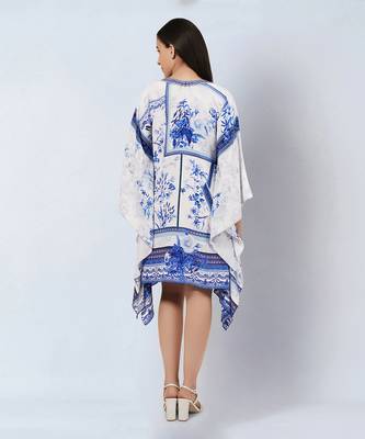 White and blue embellished floral print kaftan tunic 4