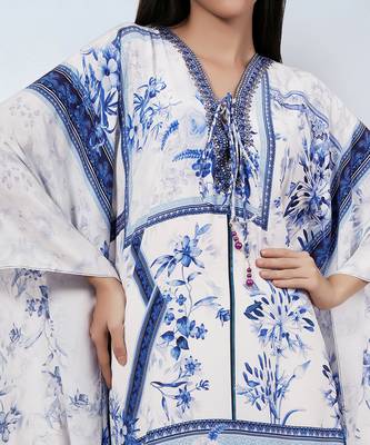 White and blue embellished floral print kaftan tunic 5