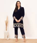 Blue silk velvet kurta and straight pants set