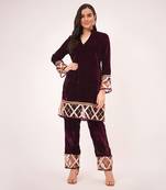Maroon silk velvet kurta and straight pants set