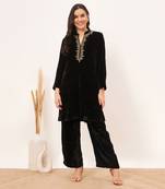 Black hand embroidered silk velvet kurta and straight pants set