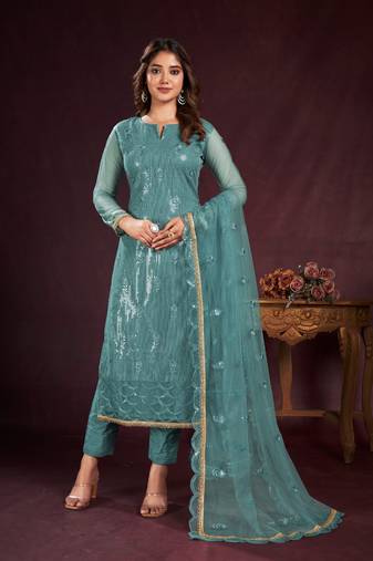 TURQUOISE BLUE EMBROIDERED SALWAR KAMEEZ SUIT SEMI STITCHED