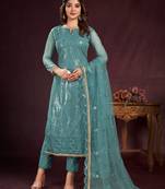TURQUOISE BLUE EMBROIDERED SALWAR KAMEEZ SUIT SEMI STITCHED