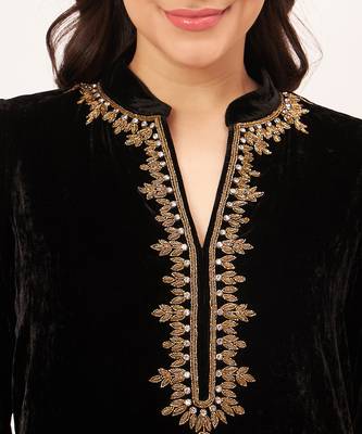 Black hand embroidered silk velvet kurta and straight pants set 5