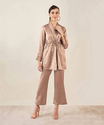 Hazel brown semi-formal embellished satin tunic and bell bottom pants set 1