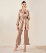 Hazel brown semi-formal embellished satin tunic and bell bottom pants set