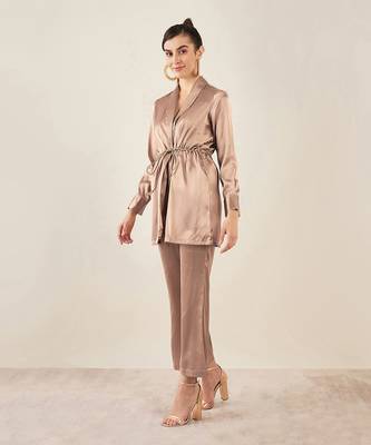 Hazel brown semi-formal embellished satin tunic and bell bottom pants set 2