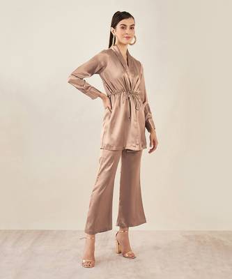 Hazel brown semi-formal embellished satin tunic and bell bottom pants set 3