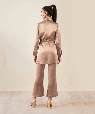 Hazel brown semi-formal embellished satin tunic and bell bottom pants set 4