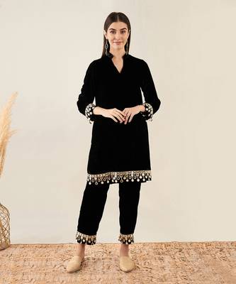 Black silk velvet kurta and straight pants set 1