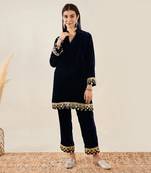 Blue silk velvet kurta and straight pants  set