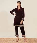 Maroon silk velvet kurta and straight pants set