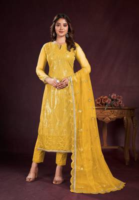 YELLOW EMBROIDERED SALWAR KAMEEZ SUIT SEMI STITCHED 1