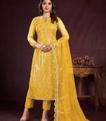 YELLOW EMBROIDERED SALWAR KAMEEZ SUIT SEMI STITCHED