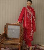 Red ethnic motifs embroidered straight kurta with trousers & dupatta