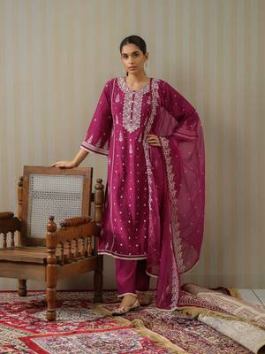 Purple ethnic motif embroidered straight kurta & trousers with dupatta 1