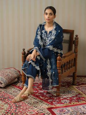Navy-blue ethnic embroidered straight kurta with trouser & dupatta set 1