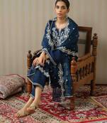 Navy-blue ethnic embroidered straight kurta with trouser & dupatta set