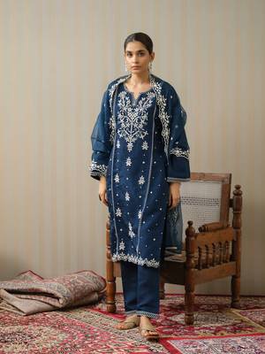 Navy-blue ethnic embroidered straight kurta with trouser & dupatta set 2