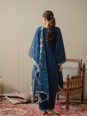 Navy-blue ethnic embroidered straight kurta with trouser & dupatta set 3