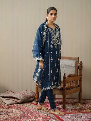 Navy-blue ethnic embroidered straight kurta with trouser & dupatta set 4