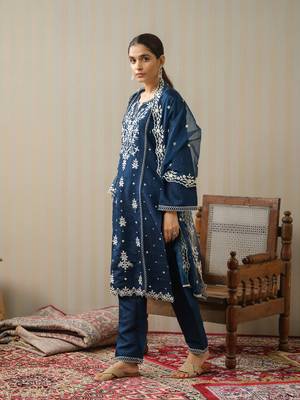 Navy-blue ethnic embroidered straight kurta with trouser & dupatta set 5