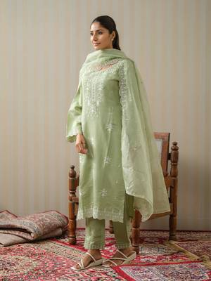 Olive green ethnic motifs embroidered straight kurta set 3