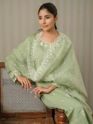 Olive green ethnic motifs embroidered straight kurta set 5