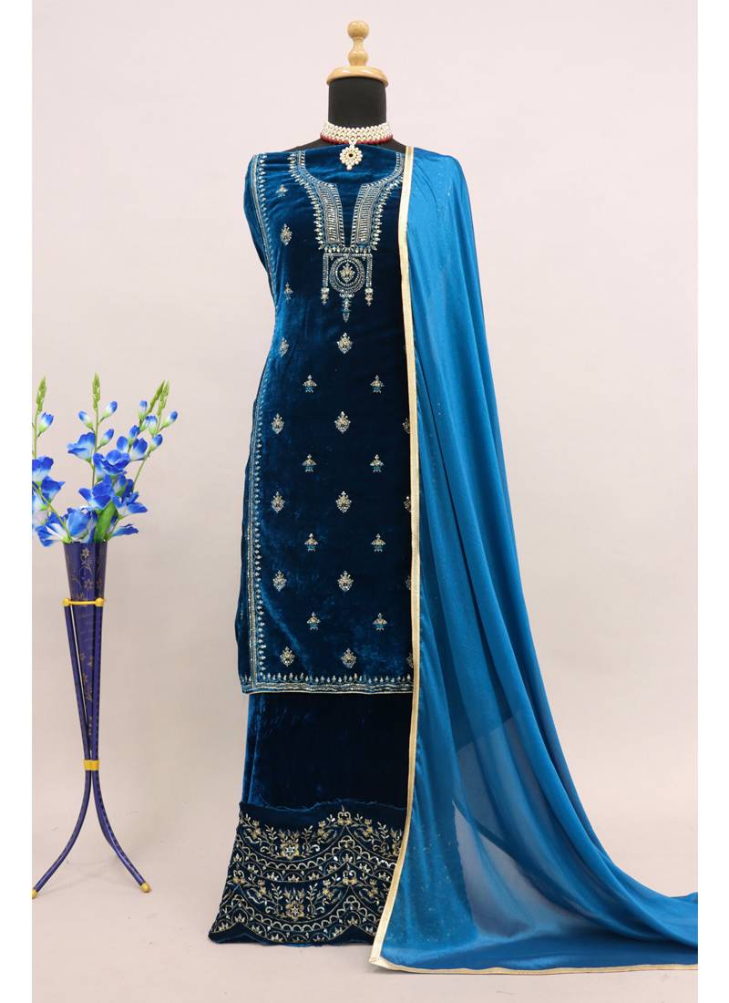 Rama Designer Function Wear Semi-Stitched Palazzo Suit With Embroidery Work