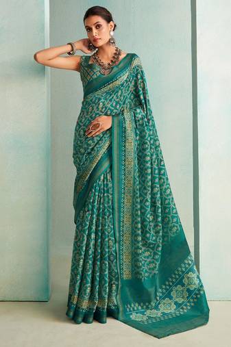 Sea Green Woven Border Elegant Traditional Print Casual Saree