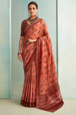Brown Woven Border Elegant Traditional Print Casual Saree 1