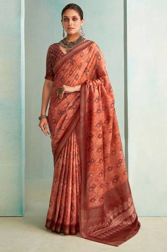 Brown Woven Border Elegant Traditional Print Casual Saree