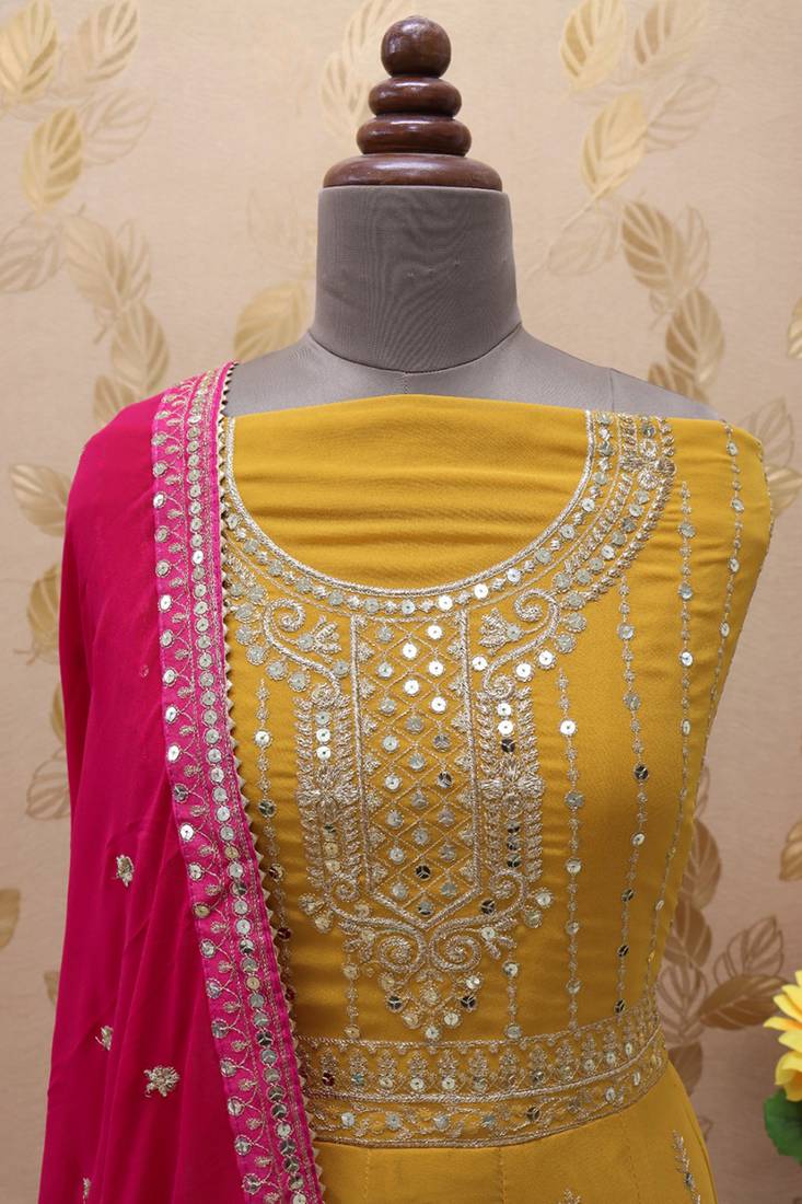 Yellow heavy Faux Georgette Embroidered UnStitched Kurta With Stitched Bottom & Dupatta