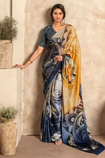 Yellow Girlish Satin Crepe c Classy Partywear Saree