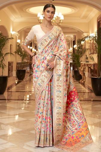Ethnic Cream Handloom Silk Heavy Designer Woven Saree With Traditional Print