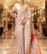 Ethnic Cream Handloom Silk Heavy Designer Woven Saree With Traditional Print