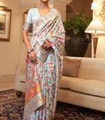 Ethnic Sea Green Handloom Silk Heavy Woven Saree With Traditional Print