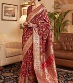Ethnic Maroon Handloom Silk Heavy Designer Woven Saree With Traditional Print