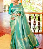 Traditional Sea Green Handloom Silk Blend Saree With Weaving Work