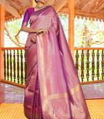 Traditional Purple Handloom Silk Blend Saree With Weaving Work