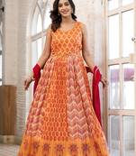 Orange colour partywear gown with dupatta for girlish party looks