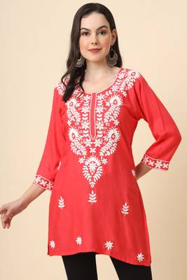 Traditional red colour chickenkari embroidery work ethnic short casual kurti 1