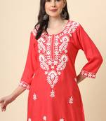 Traditional red colour chickenkari embroidery work ethnic short casual kurti