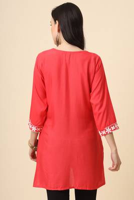 Traditional red colour chickenkari embroidery work ethnic short casual kurti 2
